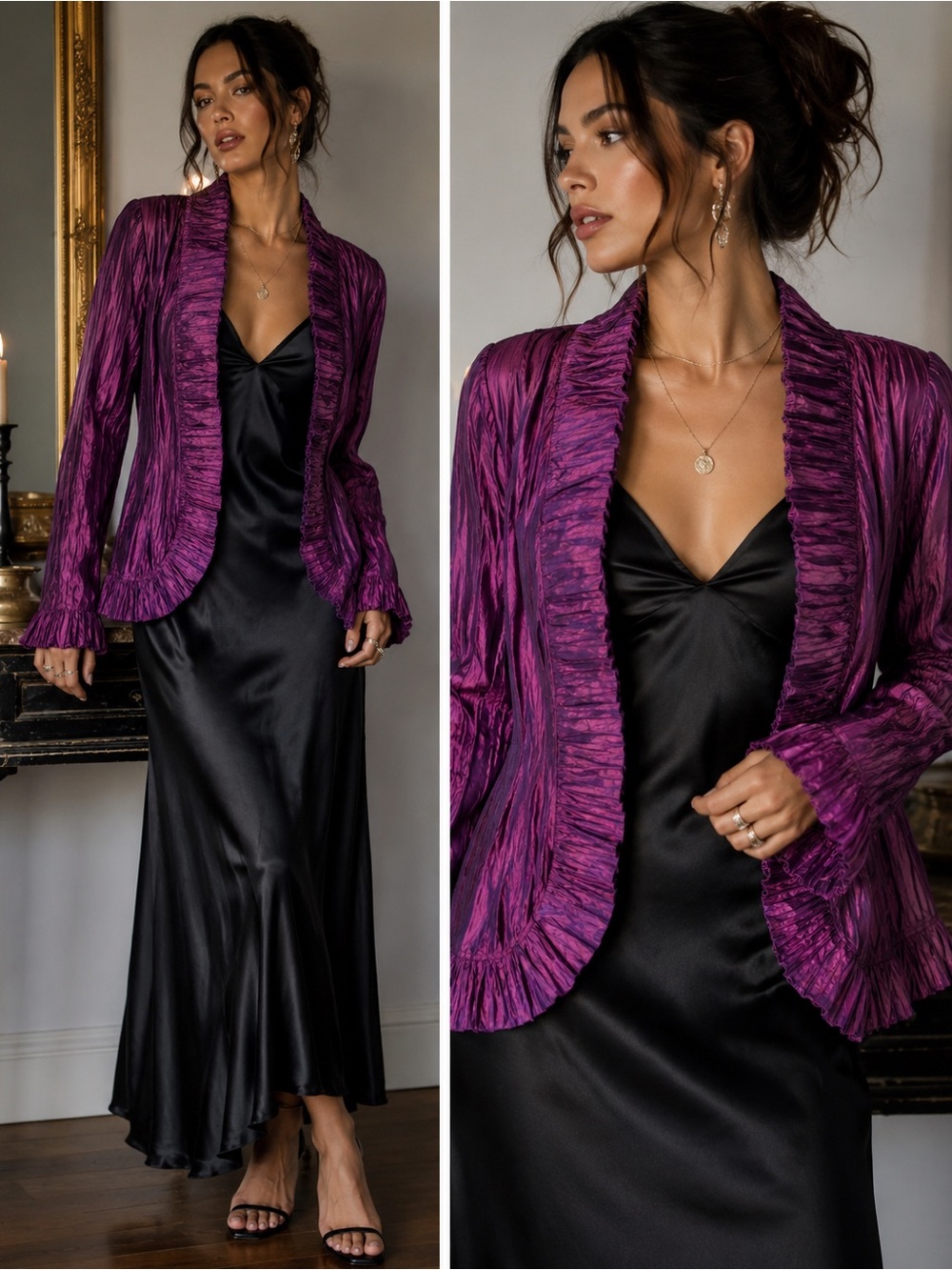 Chico’s Purple Iridescent Crinkle Taffeta Ruffle Jacket Size 1(M) Whimsigoth Y2K